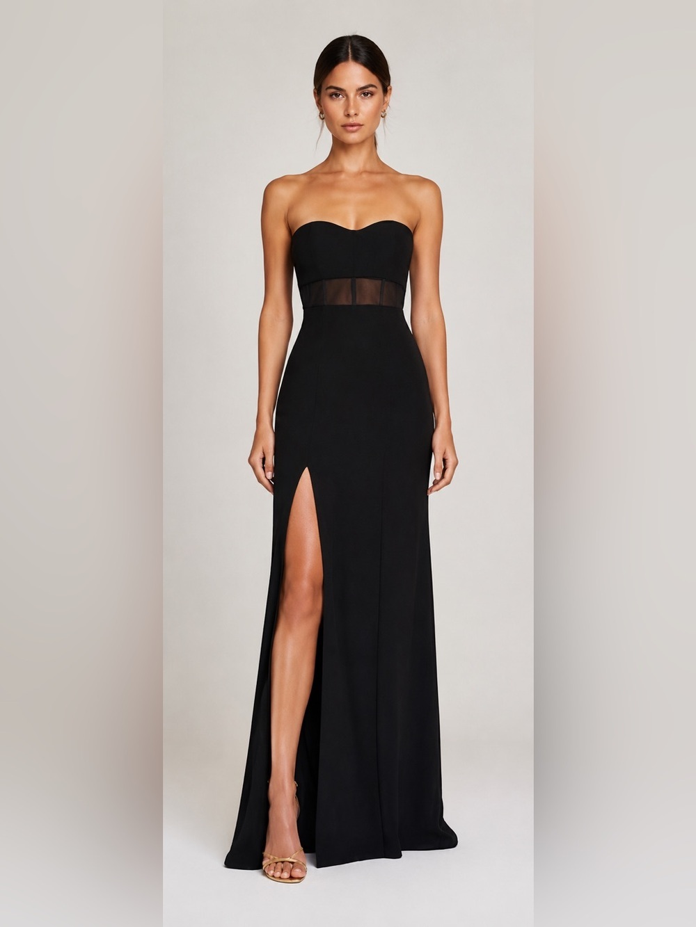 Cinq à Sept Annalie Black Strapless Mesh Waist Gown Front Slit Evening Dress 10